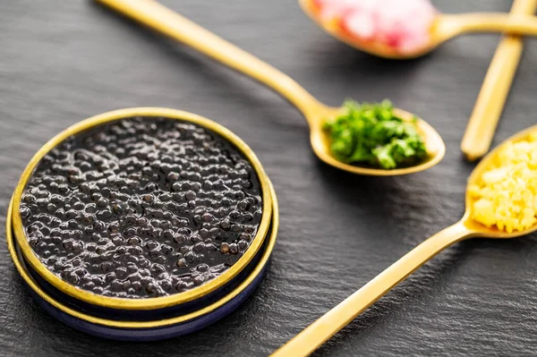 Closeup High Quality Real Black Sturgeon Caviar Metal Golden Tin Royalty Free Stock Images