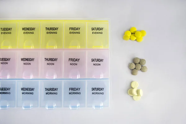 Yellow Gray White Pills Pill Box Pill Container Gray Background — Stock Photo, Image