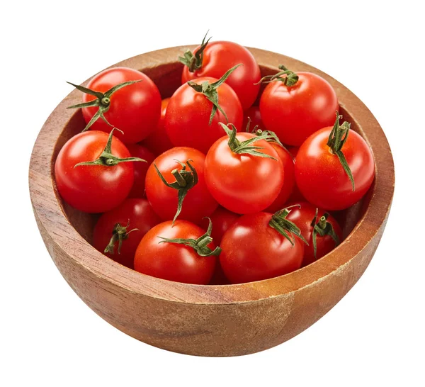 Fresh ripe tomatoes in wood bowl isolated on white background with green leaf. Ingredients for cooking. Top view. — Stock Photo, Image