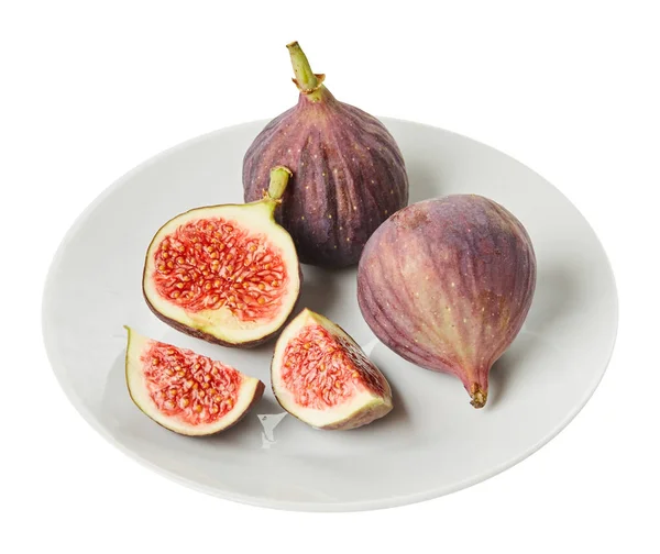 Fresh raw ripe figs in ceramic plate isolated on white background. Ingredients for cooking. Top view. — Stock Photo, Image