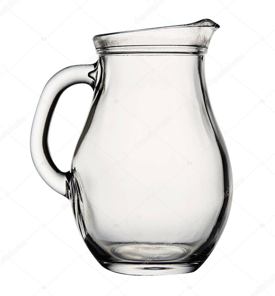 Empty glass jug isolated on white background. Front view.