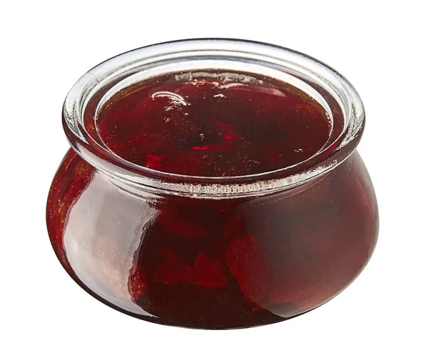 Aardbeienjam in glazen pot geïsoleerd geïsoleerd op witte achtergrond. — Stockfoto