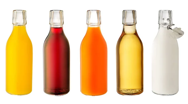 Set Glass bottle of fresh juice, milk isolated on white background. — Stock Photo, Image