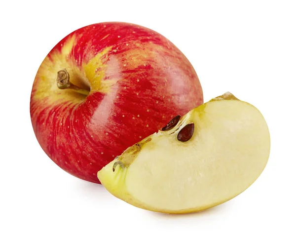 Pomme rouge juteuse fraîche avec segment. Vue de face . — Photo
