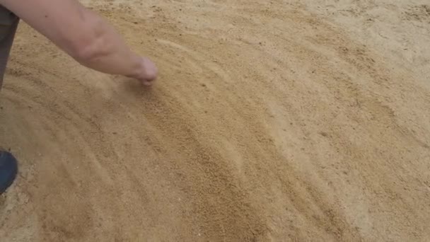 Человек рисует надпись на песчаном пляже 2020 года . — стоковое видео