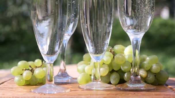 Verres de groupe avec champignon pétillant avec bulles de raisin . — Video