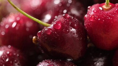 Taze sulu, sulu, kırmızı vişneli ve sulu su. Kapat.