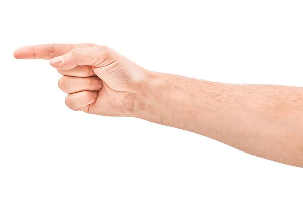 Erwachsener Mann Hand zeigt Richtung, isoliert auf weiß — Stockfoto