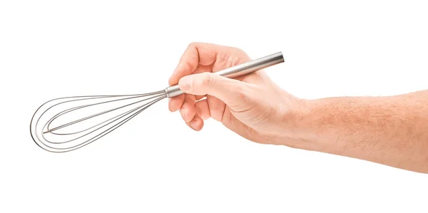 Male hand holding a egg beater mixer whisk, isolated over the white background — Stock Photo, Image