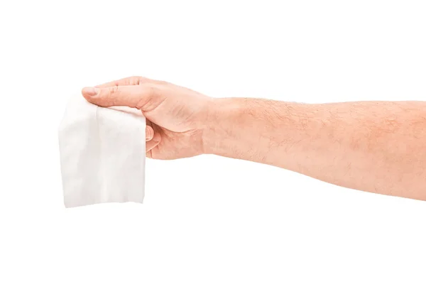 Mężczyzna czyszczący dłoń wilgotną tkanką na białym tle — Zdjęcie stockowe