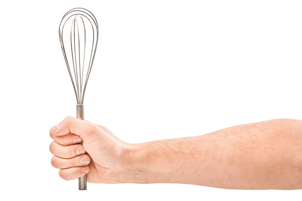Male hand holding a egg beater mixer whisk, isolated over the white background Stock Picture