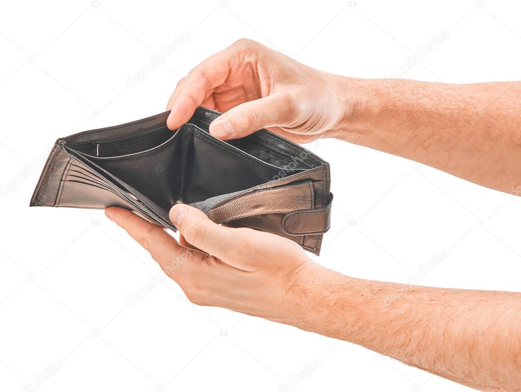 Man hand hold the wallet isolated on white background