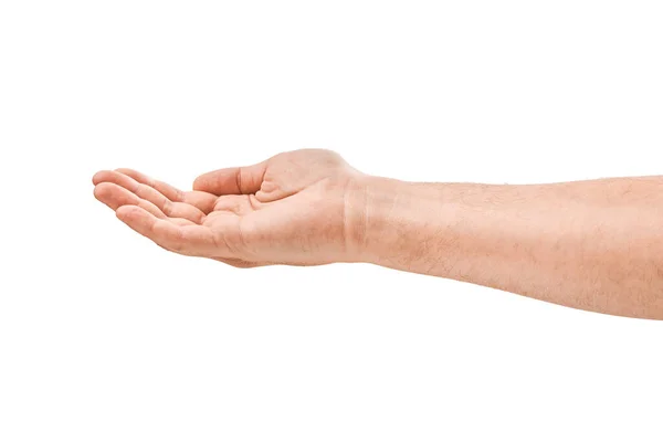 白に対して隔離された男性の手のオープンパームハンドジェスチャー — ストック写真