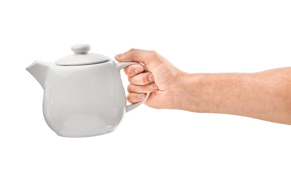 Male Hand Holds White Teapot Tilts — Stock Photo, Image