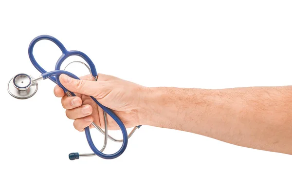 Hand Medische Handschoenen Houden Stethoscoop Geïsoleerd Witte Achtergrond Bovenaanzicht — Stockfoto