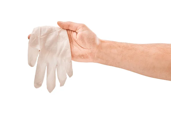 Mano Masculina Guante Médico Blanco Fingiendo Mantener Medicina Aislada Sobre — Foto de Stock