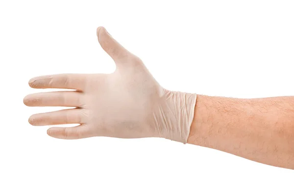 Mano Masculina Guante Médico Blanco Fingiendo Mantener Medicina Aislada Sobre — Foto de Stock