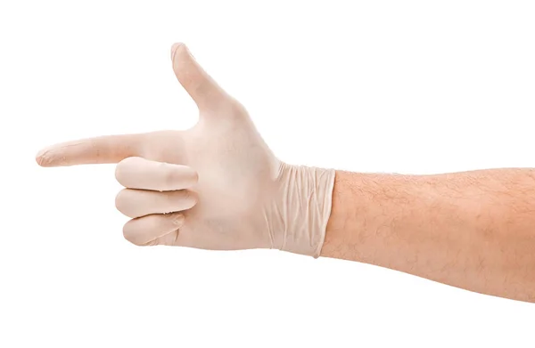Male Hand White Medical Glove Pretending Hold Medicine Isolated White — Stock Photo, Image