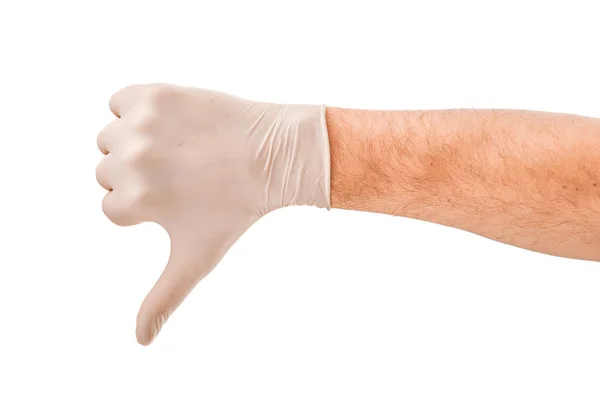 Mão Masculina Luva Médica Branca Fingindo Manter Medicina Isolada Fundo — Fotografia de Stock