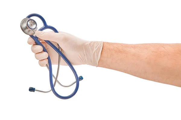 Main Dans Des Gants Médicaux Tenant Stéthoscope Isolé Sur Fond — Photo