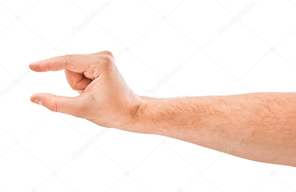 adult man hands compares something, isolated on white