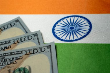 Hindistan ulusal bayrağı ve dolar banknotları. İş ve finans kavramı, yumuşak odaklanma