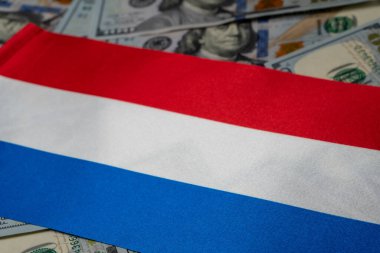 Arka planda Amerikan dolarları olan Hollanda bayrağı. Yatırımcılar için kavram, yumuşak odaklanma