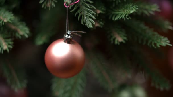 Το χριστουγεννιάτικο δέντρο Διακόσμηση παιχνίδι, απαλή εστίαση — Αρχείο Βίντεο