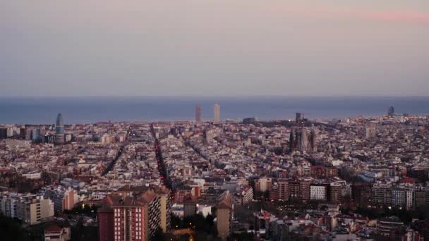 Tidsfördröjning Barcelona Spanien Från Kvällen Till Natten Det Solnedgång Och — Stockvideo