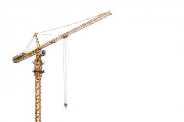 Tuğla duvarlar ile inşaat altında bir beton binanın üzerinde beyaz bir arka plan üzerinde sarı renkli uzun bir ok ile yüksek katlı bina vinç