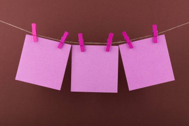 notlar ve pembe renk hatırlatmalar için bir not defteri kağıt levhalar dekoratif leylak clothespins kahverengi bir arka plan üzerinde bir ip üzerinde asılı ile sabitlenmiş