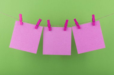 notlar ve dekoratif leylak clothespins ile sabit pembe renk hatırlatmalar için bir not defteri kağıt levhalar açık yeşil bir arka plan üzerinde bir ip üzerinde asmak