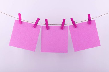 notlar ve pembe renk hatırlatmalar için bir not defteri kağıt levhalar, dekoratif leylak clothespins ile sabitlenmiş, beyaz bir arka plan üzerinde bir ip üzerinde asmak