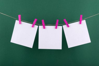notlar ve beyaz renk hatırlatmalar için not defteri kağıt levhalar, dekoratif leylak clothespins yeşil bir arka plan üzerinde bir ip üzerinde asılı ile sabitlenmiş