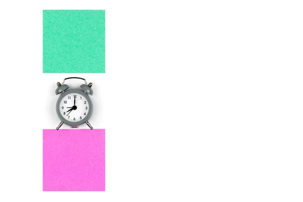 Clock Alarm Clock White Background Lie Colored Paper Leaves Green — Stock Photo, Image