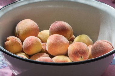 Şeftali güneş ışığı altında bir masada bir kase bulunmaktadır