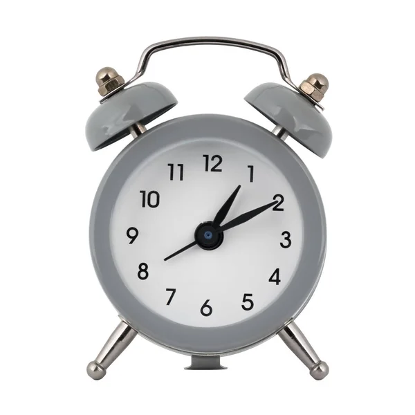 Relógio Cinza Com Despertador Fundo Branco Com Setas Mostrando Tempo — Fotografia de Stock