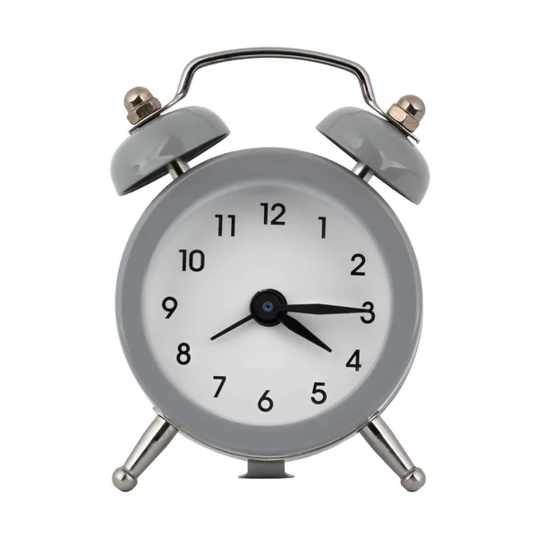 Relógio Cinza Com Despertador Fundo Branco Mostra Setas Quatro Horas — Fotografia de Stock
