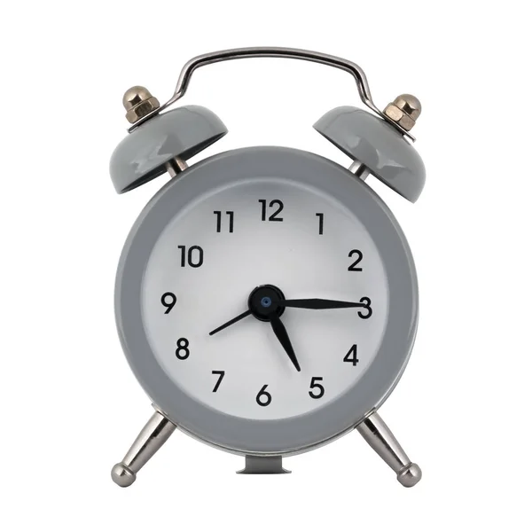 Relógio Cinza Com Despertador Fundo Branco Mostra Setas Cinco Horas — Fotografia de Stock