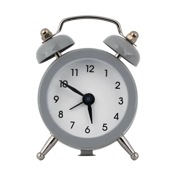 Gray Clock Alarm Clock White Background Shows Arrows Time Five — Stock Photo, Image