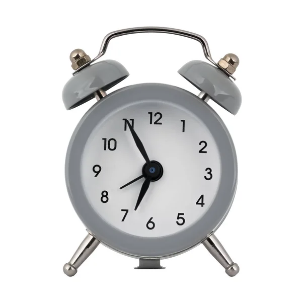 Relógio Cinza Com Despertador Fundo Branco Com Setas Mostrando Tempo — Fotografia de Stock