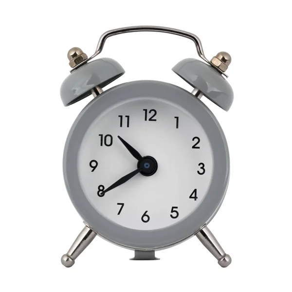 白い背景に目覚まし時計を持つ灰色の時計と時間を示す矢印 分または — ストック写真
