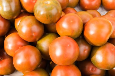 Salata için kırmızı domatesler bir marketin, marketin, süpermarketin vitrininde duruyor.