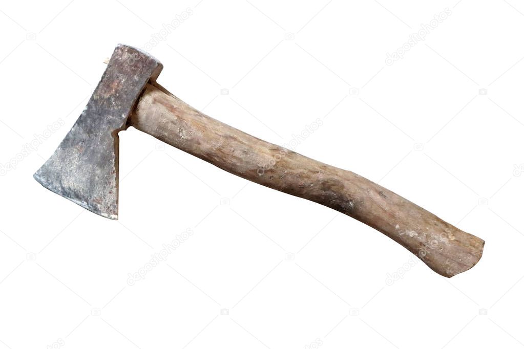 Old used hatchet ax with wooden handle tool isolated on white background