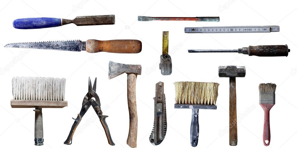 old used 13 different home tools isolated on white background