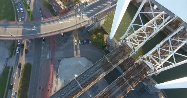 Luchtfoto Van Dordrecht Trainway Brug Big Transit River Nederland Zonsondergang — Stockvideo
