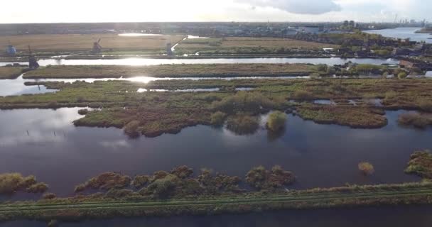 Sunset Aerial View Kinderdijk Lakes Holandia — Wideo stockowe