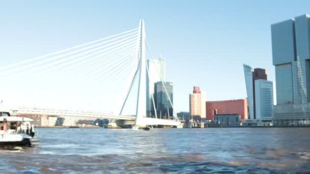 Erasmusbrücke Rund Große Hotelgebäude Und Fluss Rotterdam Zentrum Niederlande Touristische — Stockvideo