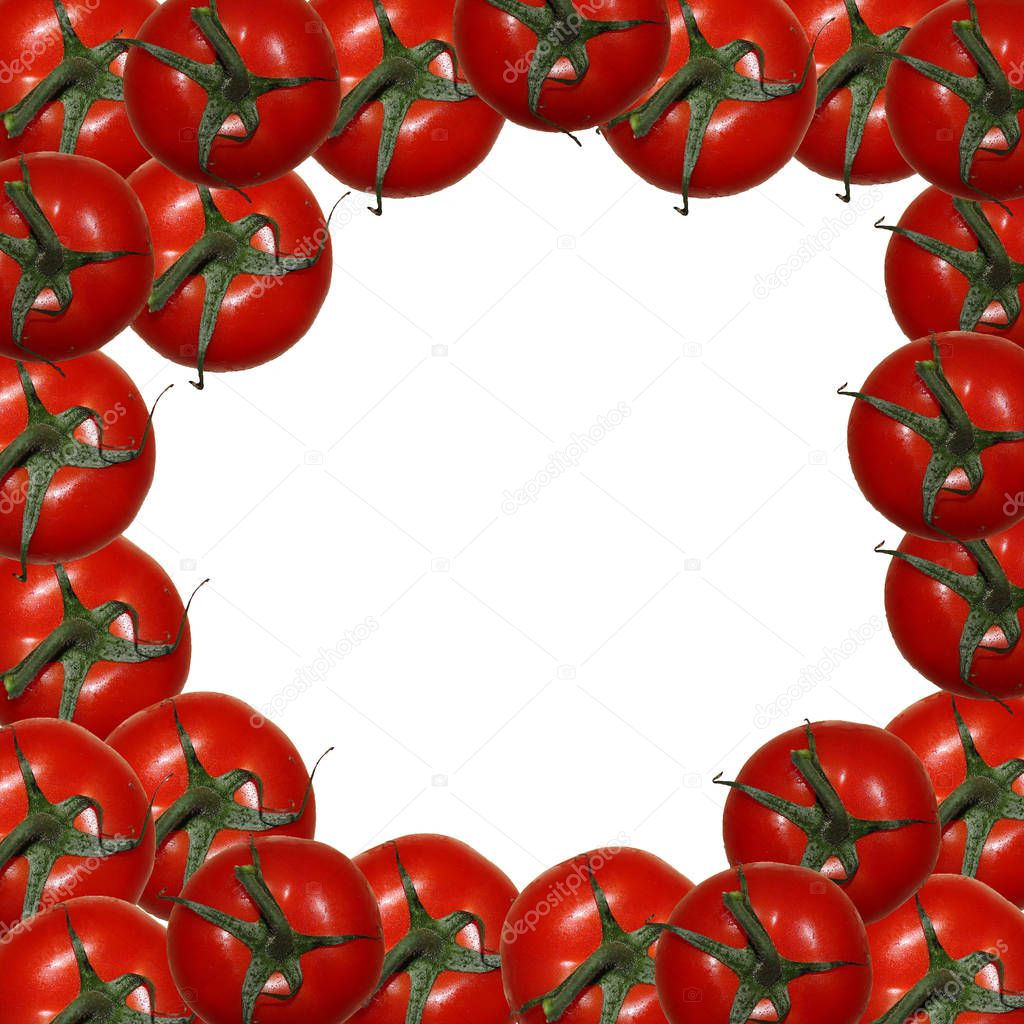 frame of red tomatoes isolated on white, write any text inside