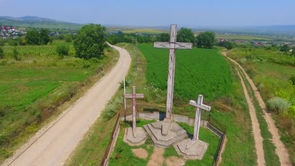 Aerial View Crosses Hill Rural Area Agriculture Fields — Stock Video